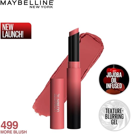 Maybelline New York Lipstick, Matte Finish, Bold Colour, Enriched With Jojoba Oil, Color Sensational Ultimattes, 499 More Blush, 1.7g