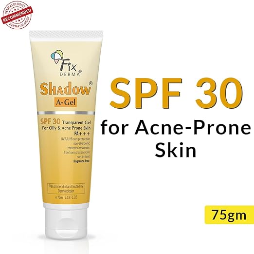 Fixderma Shadow Sunscreen A-Gel SPF 30 for Acne Prone Skin, Non-Oily, Broad Spectrum UVA and UVB Protection, Transparent Gel - 75ml