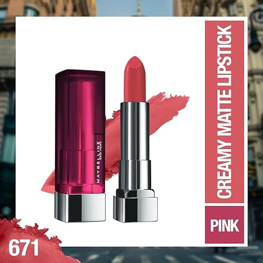 Maybelline New York Matte Lipstick, Intense Colour, Moisturised Lips, Color Sensational Creamy Matte, 671 Heated Pink, 3.9g