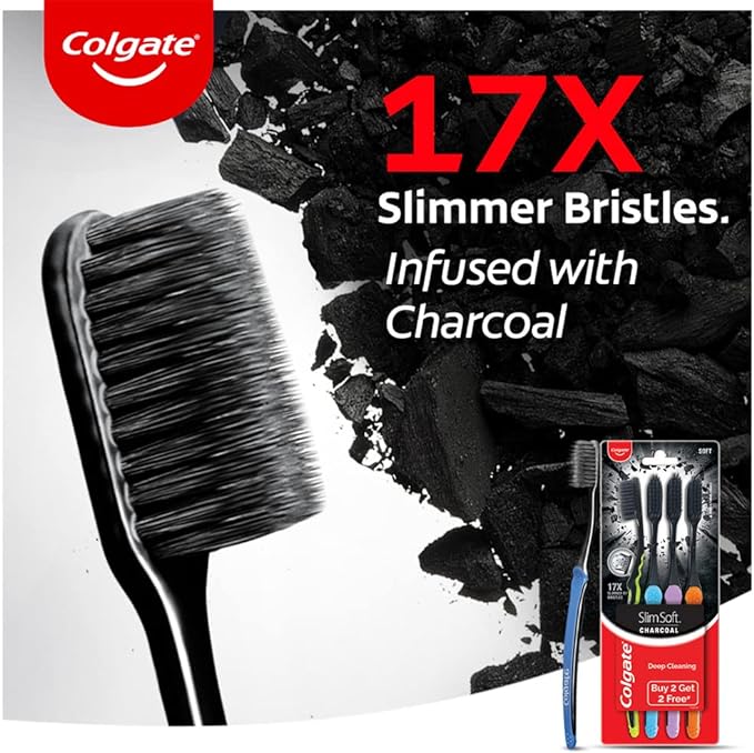 Colgate Slim Soft Charcoal Toothbrush 17x Slimmer Soft Tip Bristles (Buy 2 Get 2)