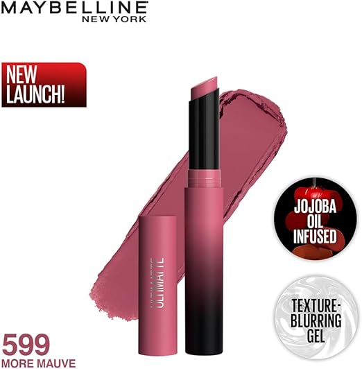 Maybelline New York Lipstick, Matte Finish, Bold Colour, Enriched With Jojoba Oil, Color Sensational Ultimattes, 599 More Mauve, 1.7 g