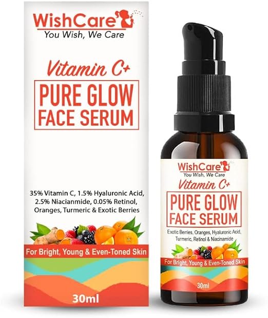 WishCare Pure Glow 35% Vitamin C Face Serum - With Hyaluronic Acid, Retinol, Niacinamide, Oranges, Berries & Turmeric - For Glowing, Bright, Young and Even Toned Skin - 30 ml