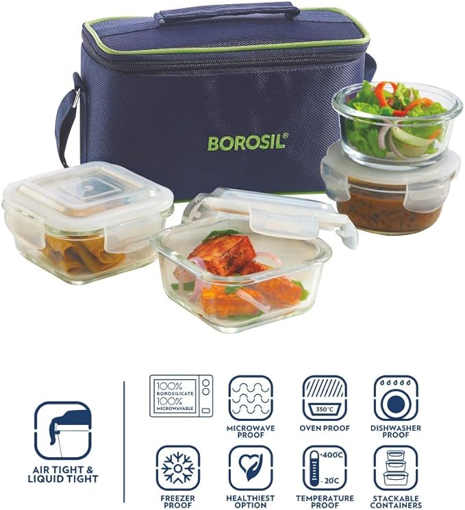 Borosil ITSQ32RN24UEC Glass Universal Lunch Box Set of 4, (2pcs 320 ml square + 2pcs 240 ml Round) Microwave Safe