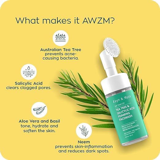 ZM Zayn & Myza Zayn & Myza Tea Tree & Salicylic Acid Foaming Face wash, Aloe Vera & Neem Extracts, Reduces Acne, Pimples, 100 ML