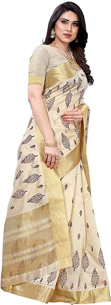 Yashika Womens Cotton Blend Saree With Blouse Piece, Free Size, Off-White