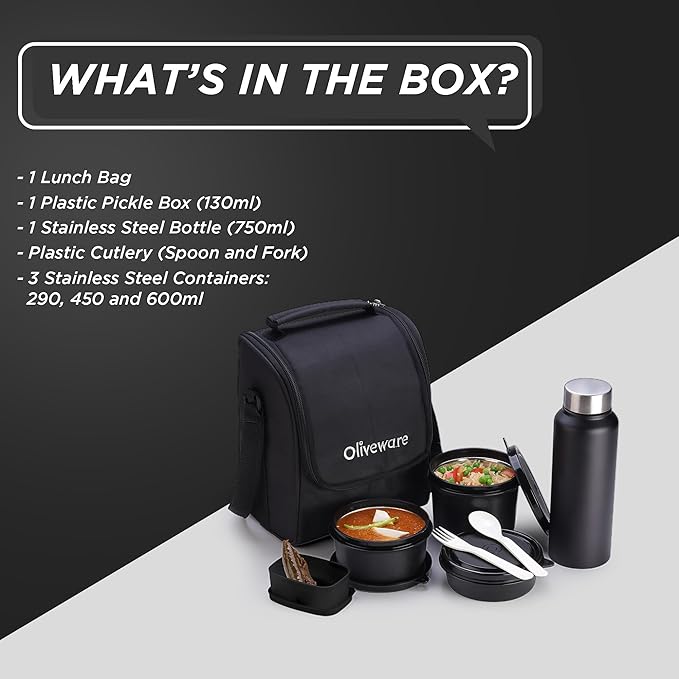 Oliveware Teso Lunch Box with Bottle - Black | 3 Stainless Steel Containers and Pickle Box and Assorted Steel Bottle | Insulated Fabric Bag | Leak Proof Microwave Safe