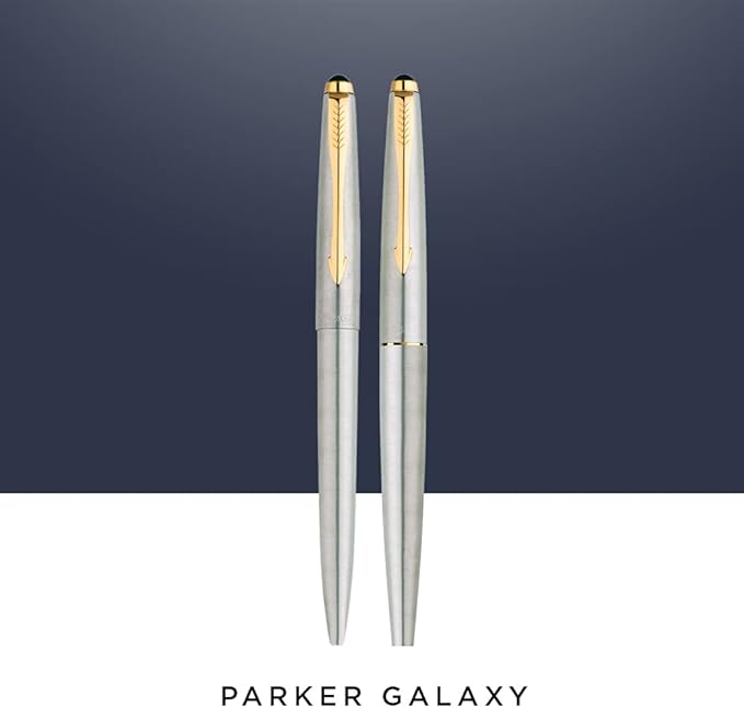 Parker Galaxy Gold Trim Ball Pen with Free Card Holder (Stainless Steel)