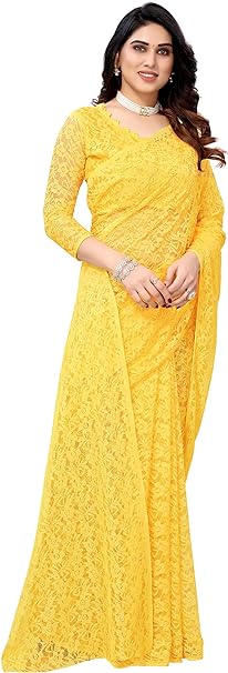 Yashika Womens Solid Net Saree With Blouse Piece