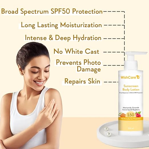 WishCare SPF50 Sunscreen Body Lotion - Broad Spectrum - UVA & UVB Protection with No White Cast - With Carrot Seed & Raspberry - For Men & Women - 200ml