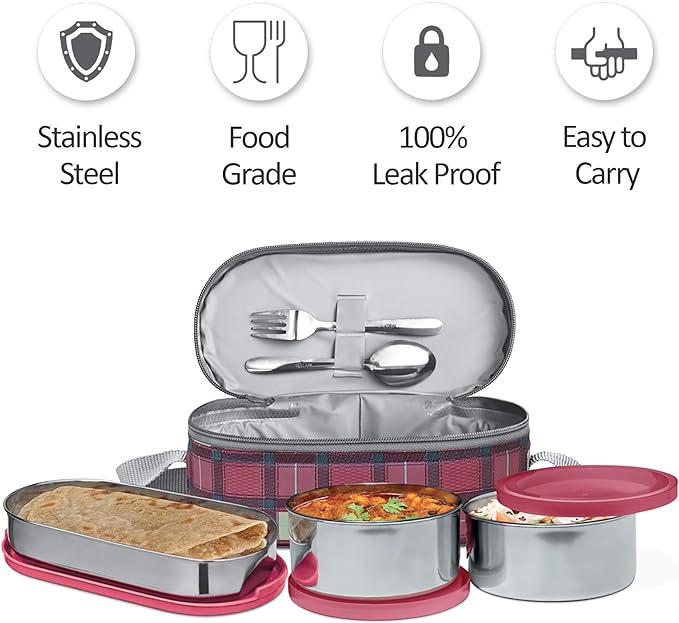 Milton Corporate Lunch 3 Stainless Steel Container Lunch Box with Bag, Pink, 500 & 280 ml