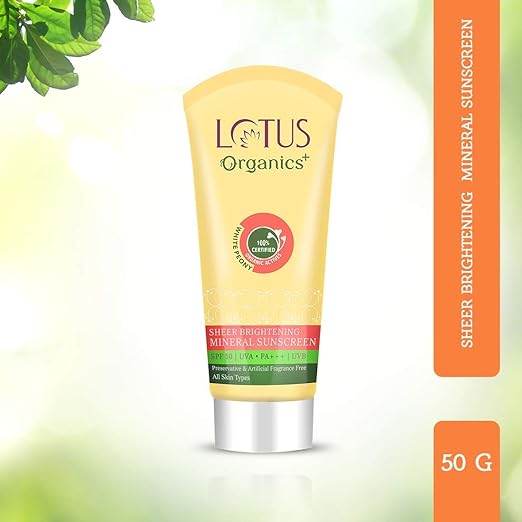 Lotus Organics+ Sheer Brightening Mineral Sunscreen | Non Greasy & Lightweight | SPF 50 | PA+++ | 100g