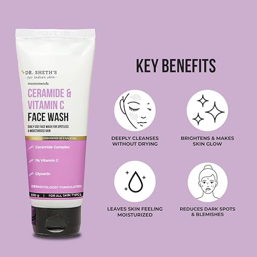 Dr. Sheth's Ceramide & Vitamin C Brightening Face Wash For Dry to Normal Skin | Reduces Dark Spots & Repairs Skin Barrier | With Vitamin C & Ceramide Complex | Men & Women | 100 mL