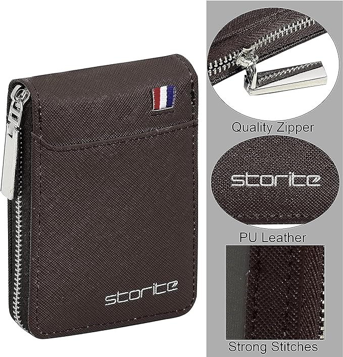 Storite 9 Slot Vertical PU Leather Credit Debit Card Holder Money Wallet Zipper Coin Purse -Chocolate Brown