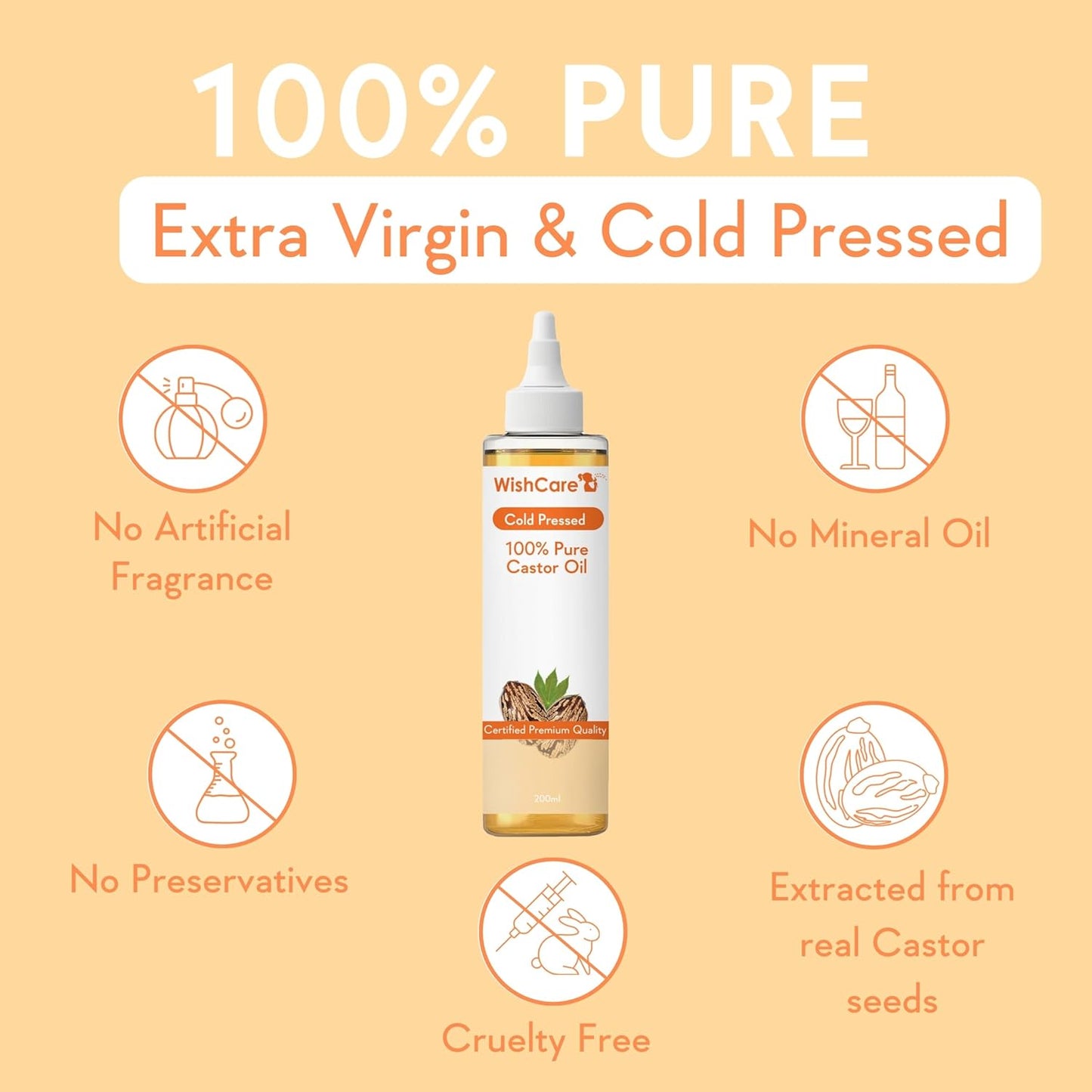 Wishcare Premium Cold Pressed Castor Oil Pure & Virgin Grade For Healthy Hair And Skin 200ml, Multi