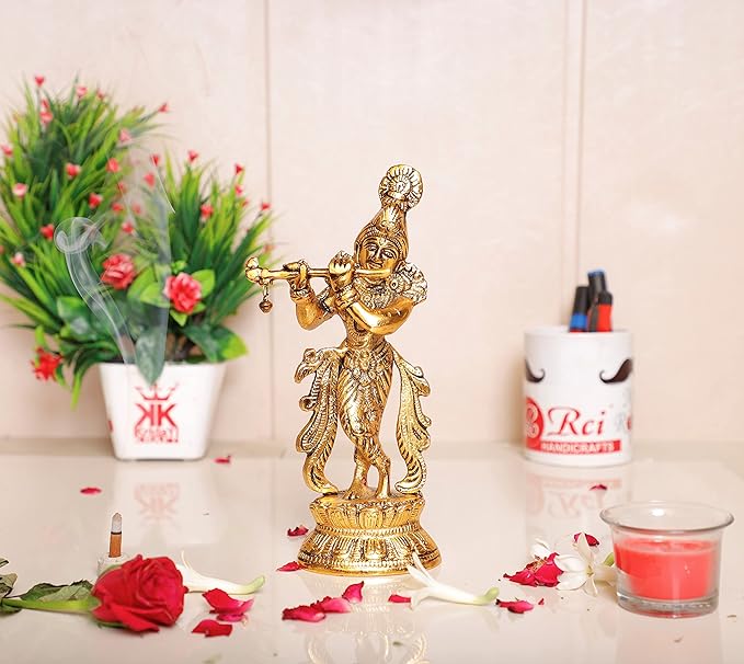 KridayKraft Lord Krishna Metal Statue,Krishna Murti Playing Flute for Temple Pooja,Decor Your Home,Office & Gift Your Relatives