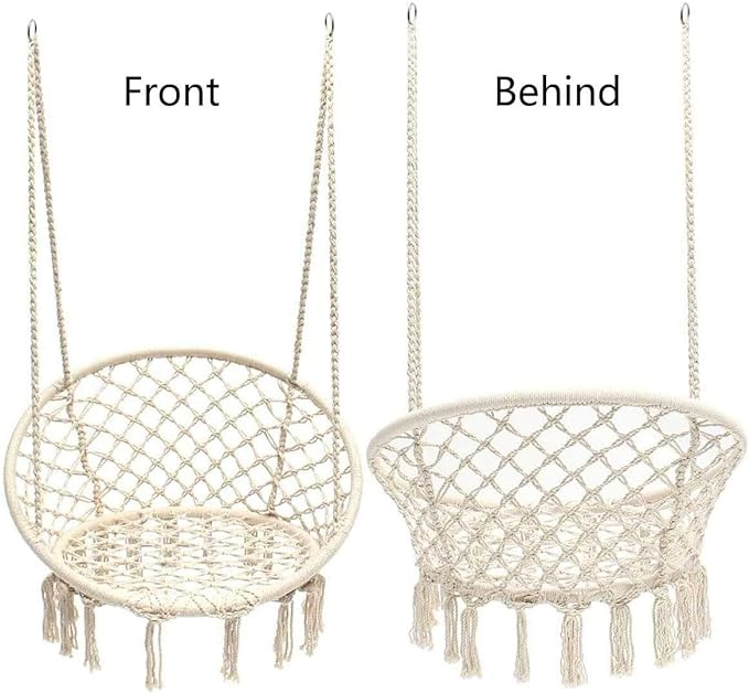 Hammock Chair Macrame Swing, Hanging Cotton Rope Macrame Hammock Swing Chair for Indoor, Outdoor Home, Patio, Porch, Deck, Yard, Garden, Max Weight: 260 Pounds (Beige)