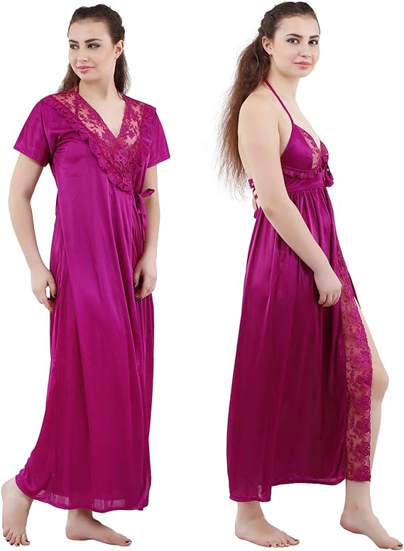 Romaisa Women's Satin Solid Maxi Length Nighty with Robe _Nightwear Set Pack of 2_Free Size