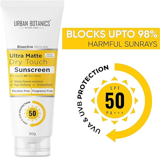 UrbanBotanics Ultra Matte Dry Touch Sunscreen SPF 50 PA+++ - Non Comedogenic - Water/Sweat Resistant - Protect against Blue Light, UVA/UVB Rays - 50g