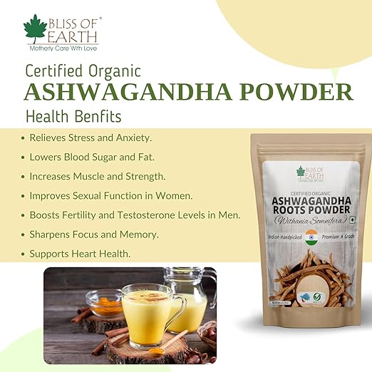 BLISS OF EARTH USDA Organic Ashwagandha Root Powder For Height Growth & Stress Relief  453g