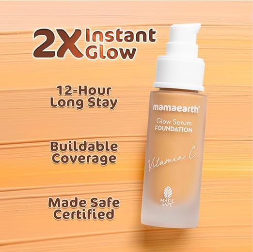 Mamaearth Glow Serum Foundation Lotion with Vitamin C & Turmeric for 12-Hour Long Stay- 06 Almond Glow - 30 ml Dewy Finish