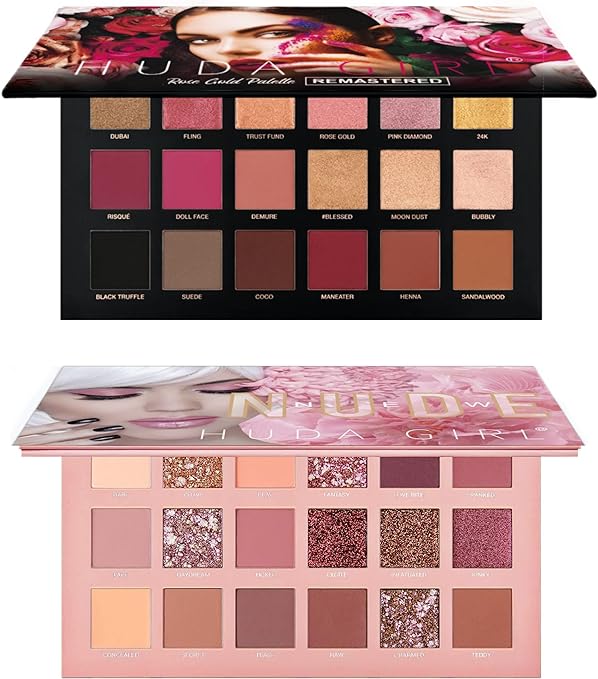 HUDA GIRL Beauty Rose Gold Remastered + Nude Edition Eyeshadow Palette Combo Kit - 36 Matte and Shimmer Finishes, Includes Black Eyeshadow - Complete Eye Shadow Palette Set