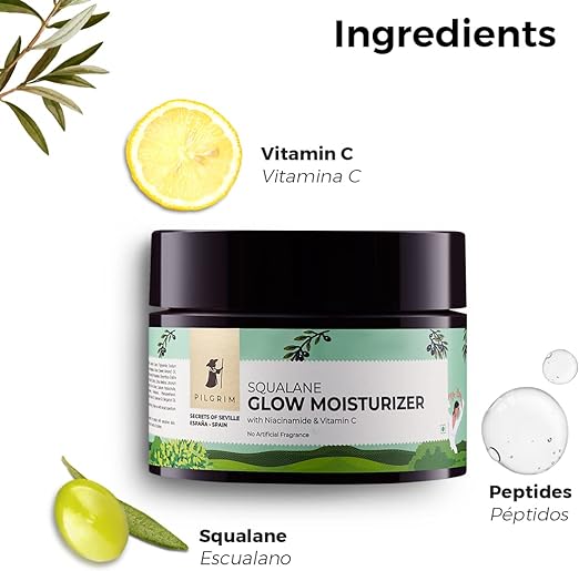 Pilgrim Squalane (Plant) Glow Moisturizer for face with Niacinamide & Vitamin C | Moisturizer for dry skin hydration | Face moisturizer with vitamin c for glowing skin | Non-greasy | 50 gm