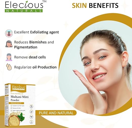 Elecious 100% Natural Multani Mitti powder for Face, Skin and Hair| Fuller's Earth, Bentonite Clay (200 Grams)