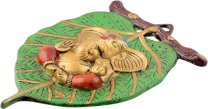 eCraftIndia Golden Metal Lord Ganesha In Red Dhoti On Green Leaf Wall Hanging Decorative Showpiece For Home Decor, Housewarming, Festival Gift 15 Cm X 1.25 Cm X 22.5 Cm Multicolour