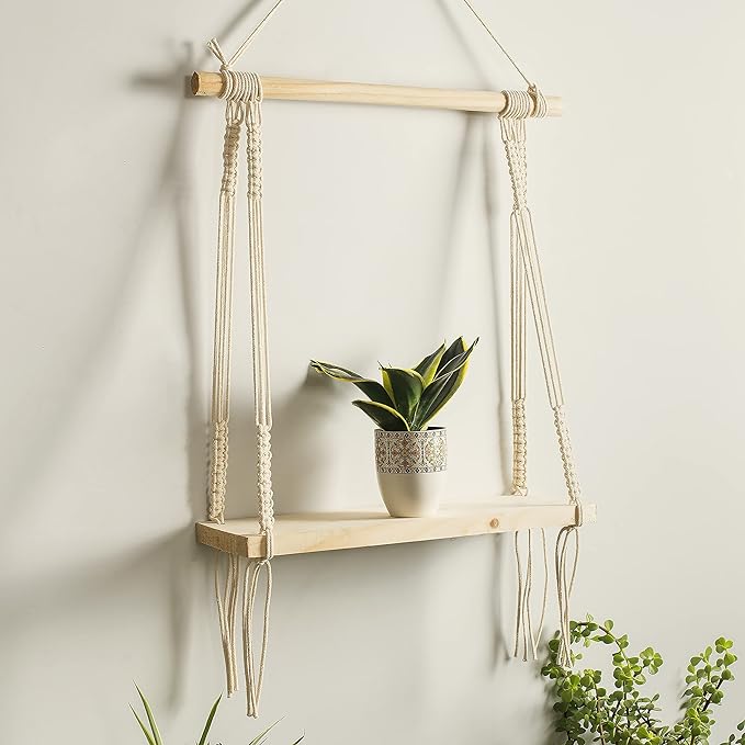 Decazone ® Macramé Wall Hanging Shelf Pine Wood Floating Shelve with Wooden Dowel Modern Chic Woven Décor for Dorm Living Room Nursery Beige 55 x 43cm