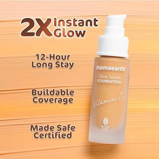 Mamaearth Glow Serum Foundation Lotion with Vitamin C & Turmeric for 12-Hour Long Stay- 07 Toffee Glow - 30 ml Dewy Finish