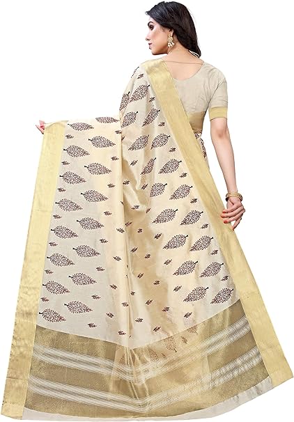 Yashika Womens Cotton Blend Saree With Blouse Piece, Free Size, Off-White