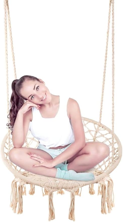 Hammock Chair Macrame Swing, Hanging Cotton Rope Macrame Hammock Swing Chair for Indoor, Outdoor Home, Patio, Porch, Deck, Yard, Garden, Max Weight: 260 Pounds (Beige)