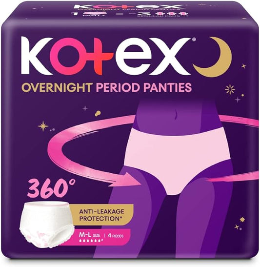 Kotex Overnight Period Panties (Medium/Large size, pack of 4 panties) for heavy flow period protection | with 360 degree anti-leakage  design & airy-soft fabric