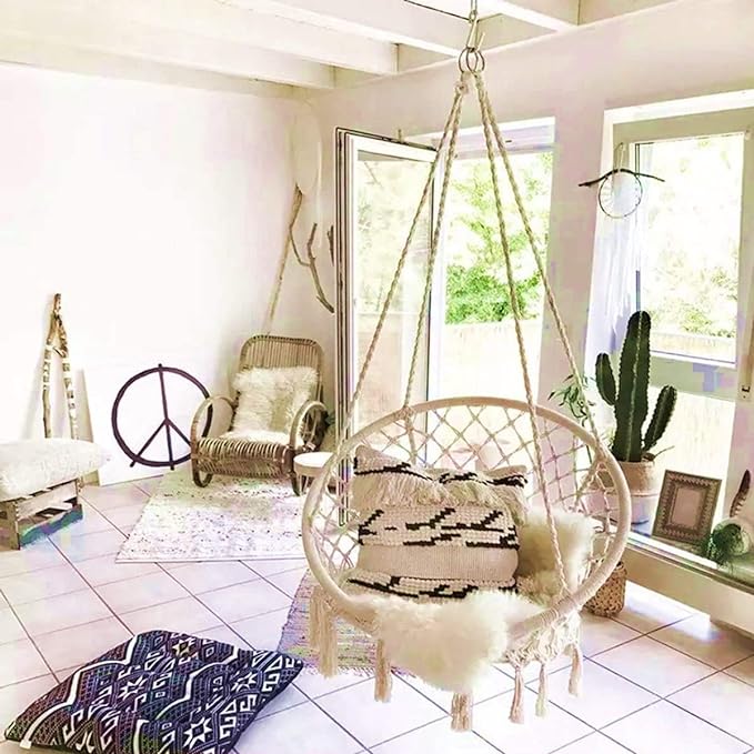 Hammock Chair Macrame Swing, Hanging Cotton Rope Macrame Hammock Swing Chair for Indoor, Outdoor Home, Patio, Porch, Deck, Yard, Garden, Max Weight: 260 Pounds (Beige)