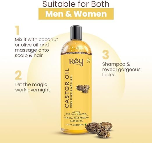 Rey Naturals Premium Cold Pressed Castor Oil - Pure & Virgin Grade - for Healthy Hair and Skin - 200ml