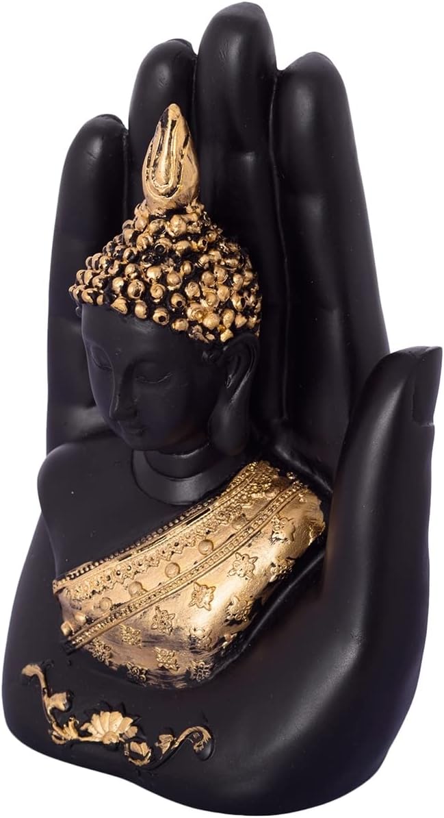 eCraftIndia Golden Handcrafted Palm Buddha Polyresin Showpiece 7In Golden And Black