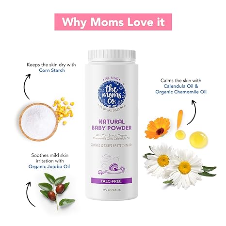 The Moms Co. Talc-Free Natural Baby Powder with Corn Starch | 100% Natural | Australia-Certified Toxin-Free | with Chamomile Oil, Calendula Oil and Organic Jojoba Oil - Pack of 100g