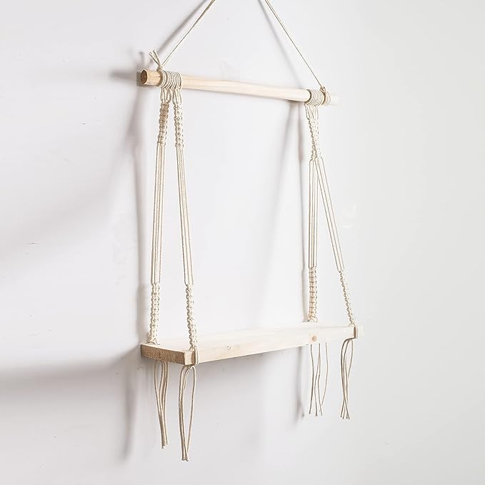 Decazone ® Macramé Wall Hanging Shelf Pine Wood Floating Shelve with Wooden Dowel Modern Chic Woven Décor for Dorm Living Room Nursery Beige 55 x 43cm