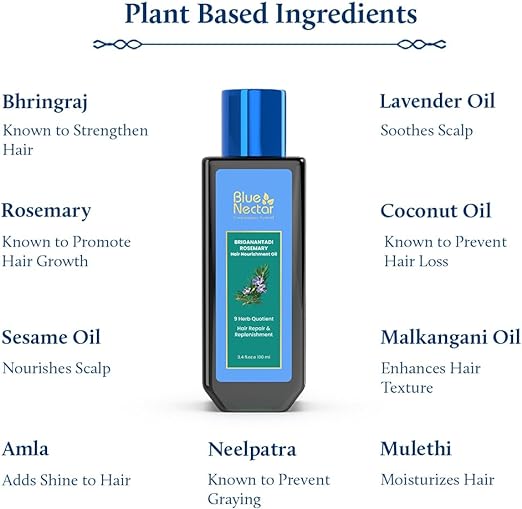 Blue Nectar Rosemary Oil for Hair Growth with Bhringraj Oil for Hair | 100% Natural Ayurvedic Hair Oil with Amla Hair Oil (9 Herbs,100ml)