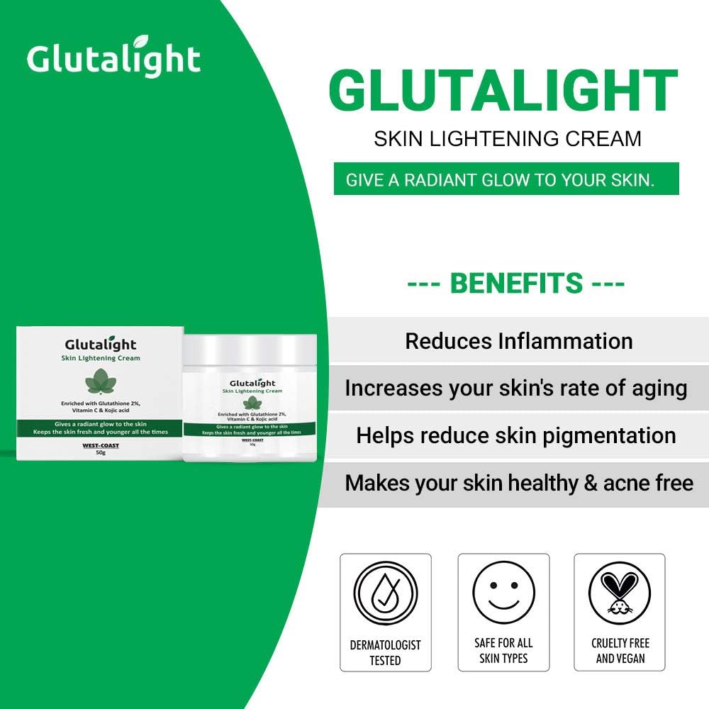 Glutalight Skin Whitening Brightening Lightening Cream with Glutathione Vitamin C Kojic Acid - 50g