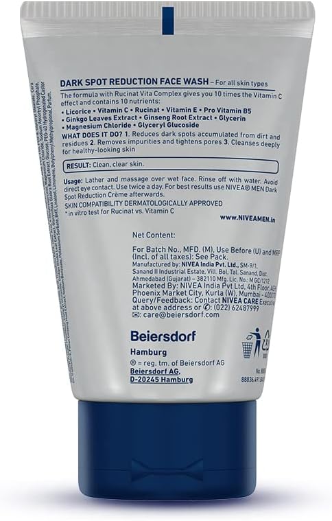 NIVEA Men Face Wash, Dark Spot Reduction, for Clean & Clear Skin with 10x Vitamin C Effect, 100 g