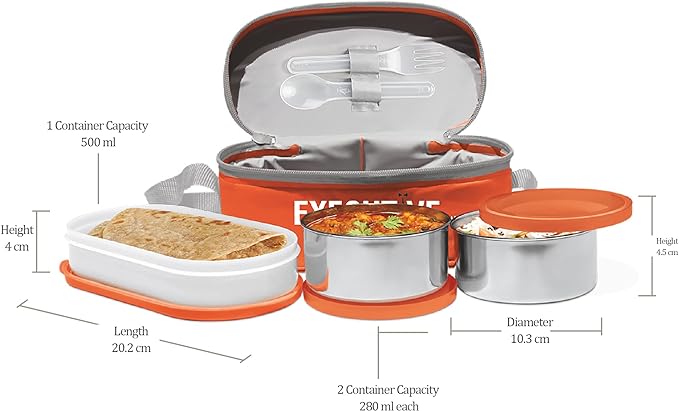 Milton Executive Lunch Insulated Tiffin with 3 Leakproof Containers, Orange