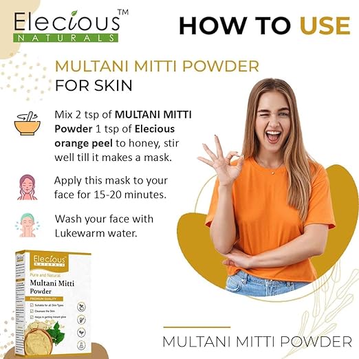 Elecious 100% Natural Multani Mitti powder for Face, Skin and Hair| Fuller's Earth, Bentonite Clay (200 Grams)