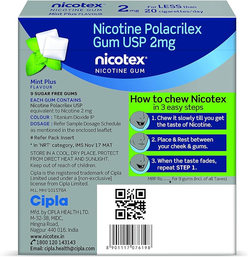 Cipla Nicotex Nicotine Sugar Free Gums 2mg | Helps to Quit Smoking | WHO - Approved Therapy | 9 Gums each pack | Pack of 10 (Mint Plus)