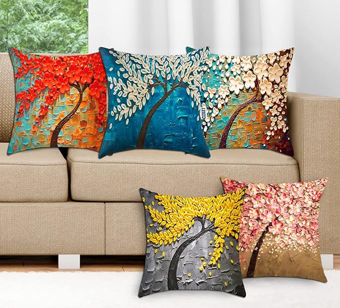 CIDIZY Jute Floral Tree Cushion Covers, 16x16 Inch, Multicolour, Set of 5