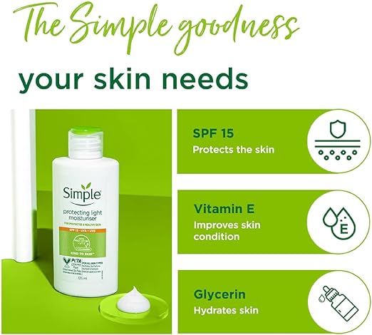 Simple Protecting Daily Face Cream Moisturiser, Spf 15, Vegan, No Perfume And Alcohol, All Skin Types, 125ml