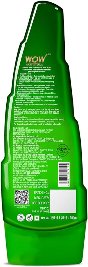 WOW Aloe Vera Multipurpose Beauty Gel For Skin And Hair, 130 ml + 20