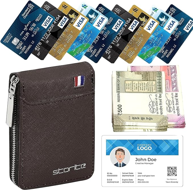 Storite 9 Slot Vertical PU Leather Credit Debit Card Holder Money Wallet Zipper Coin Purse -Chocolate Brown