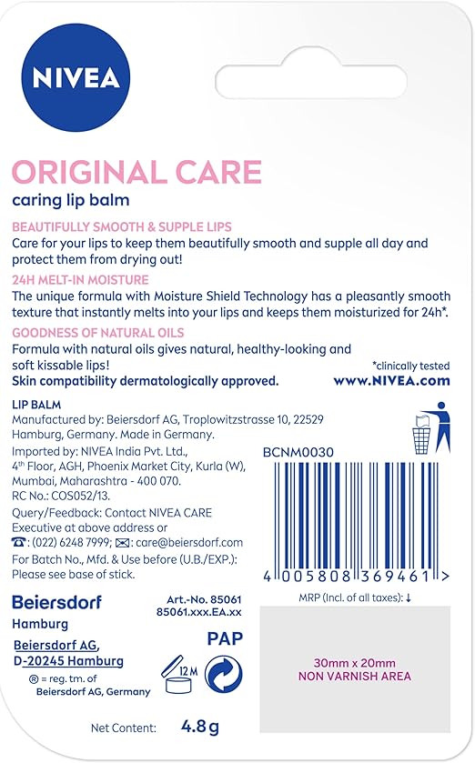 NIVEA Lip Balm, Original Care, 4.8g