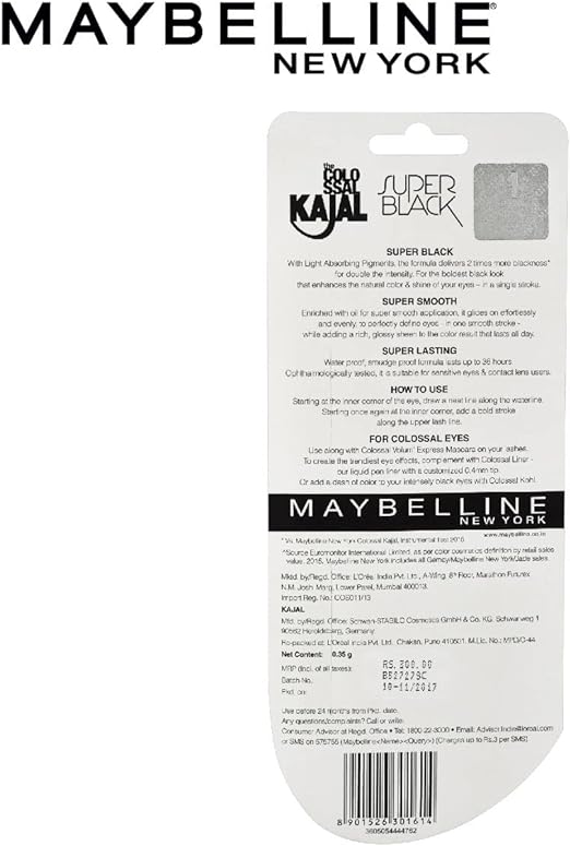 Maybelline New York Colossal Kajal, Super Black, 0.35g, Black